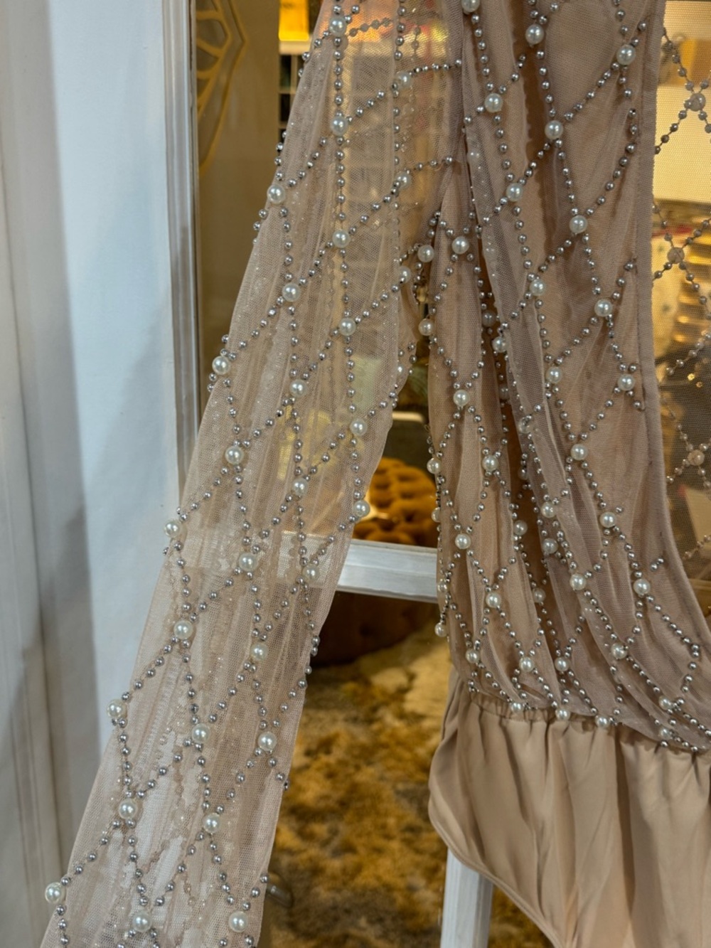 GORGEOUS nude/light pink pearl and silver embellished bodysuit sheer organza - Picture 5 of 6